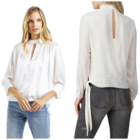 Krisa Ivory Cream High Neck Keyhole Cut Out Front Tie Waist Blouse Size‎ XS - Picture 1 of 11